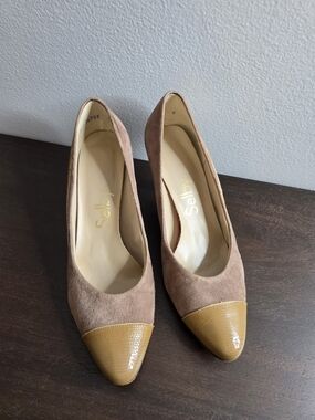 Selby Brown Suede Pumps with Tan Patent Cap Toe